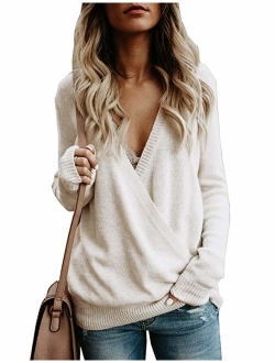 softome Womens Knitted Deep V-Neck Long Sleeve Wrap Front Loose Sweater Pullover Jumper Tops