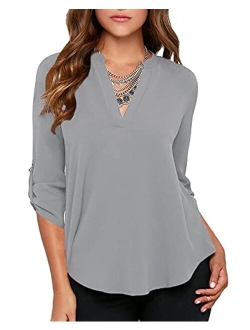 roswear Women's Casual V Neck Cuffed Sleeves Solid Chiffon Blouse Top