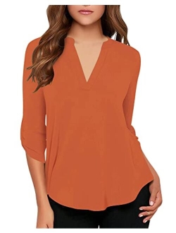 roswear Women's Casual V Neck Cuffed Sleeves Solid Chiffon Blouse Top