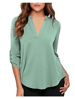 roswear Women's Casual V Neck Cuffed Sleeves Solid Chiffon Blouse Top