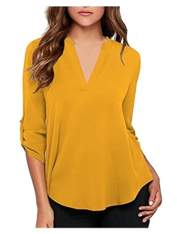 roswear Women's Casual V Neck Cuffed Sleeves Solid Chiffon Blouse Top