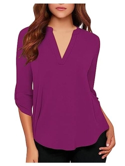 roswear Women's Casual V Neck Cuffed Sleeves Solid Chiffon Blouse Top