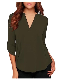 roswear Women's Casual V Neck Cuffed Sleeves Solid Chiffon Blouse Top