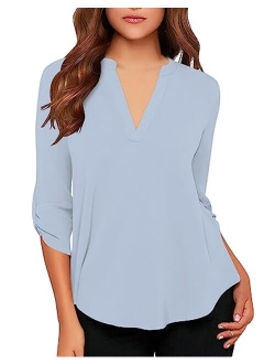 roswear Women's Casual V Neck Cuffed Sleeves Solid Chiffon Blouse Top