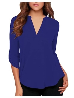 roswear Women's Casual V Neck Cuffed Sleeves Solid Chiffon Blouse Top