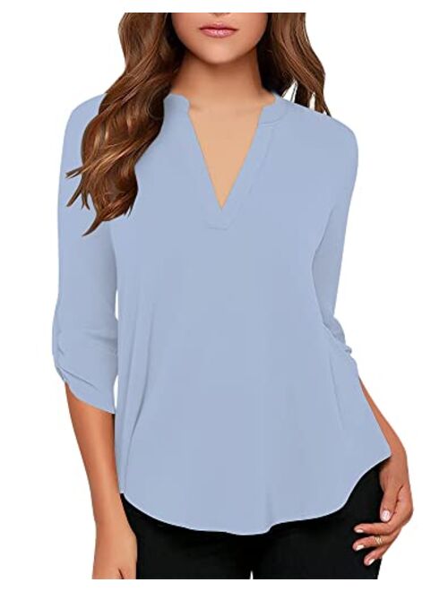 roswear Women's Casual V Neck Cuffed Sleeves Solid Chiffon Blouse Top