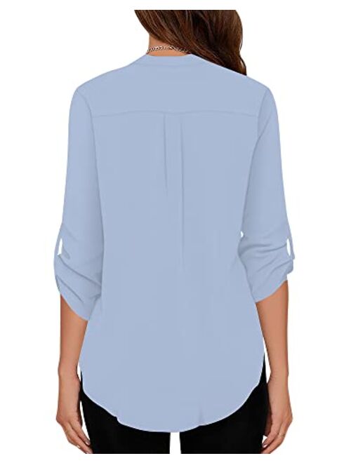 roswear Women's Casual V Neck Cuffed Sleeves Solid Chiffon Blouse Top