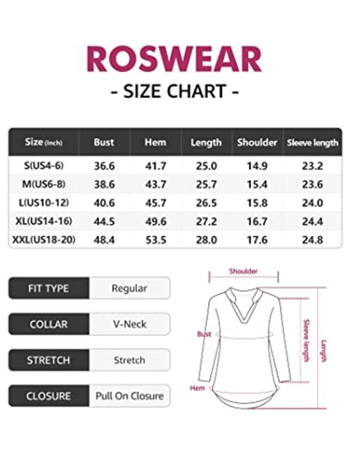 roswear Women's Casual V Neck Cuffed Sleeves Solid Chiffon Blouse Top