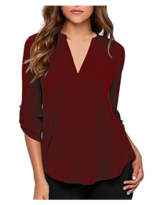 roswear Women's Casual V Neck Cuffed Sleeves Solid Chiffon Blouse Top