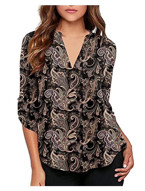 roswear Women's Casual V Neck Cuffed Sleeves Solid Chiffon Blouse Top