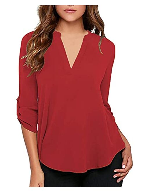 roswear Women's Casual V Neck Cuffed Sleeves Solid Chiffon Blouse Top