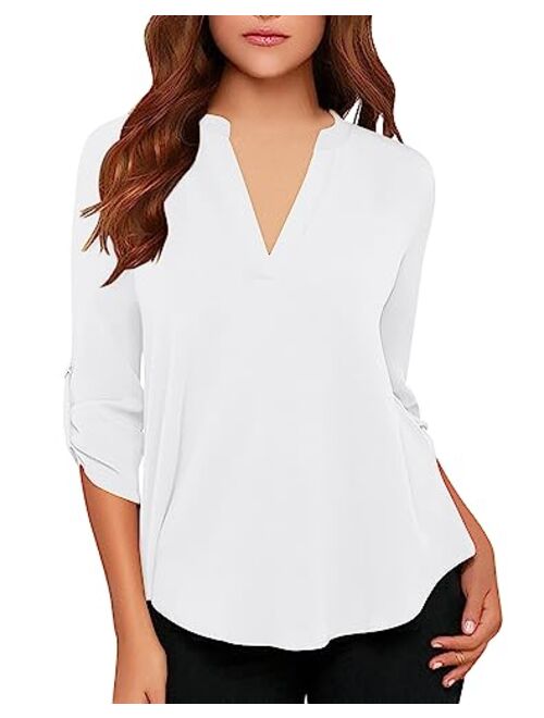 roswear Women's Casual V Neck Cuffed Sleeves Solid Chiffon Blouse Top