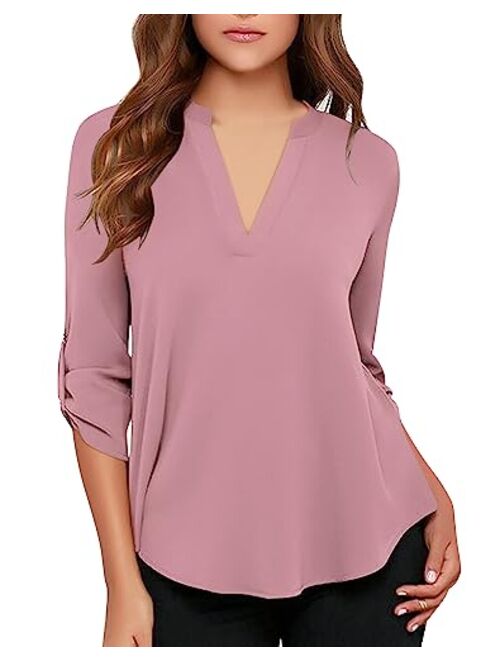 roswear Women's Casual V Neck Cuffed Sleeves Solid Chiffon Blouse Top