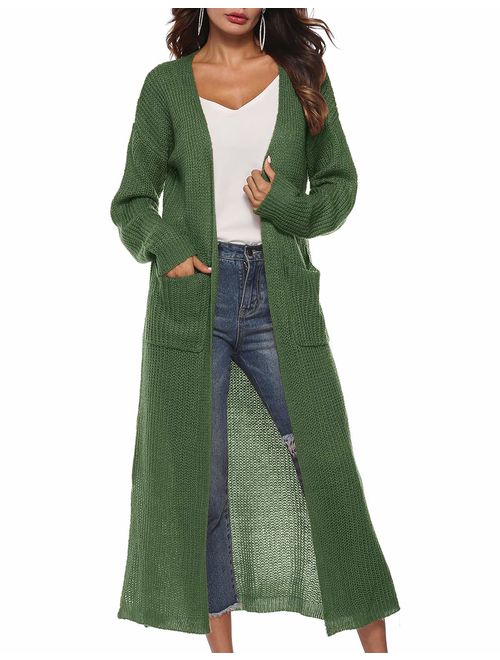 Womens Casual Long Sleeve Split Open Cardigan Knit Long Cardigan Sweaters with Pockets