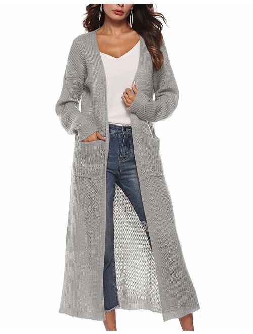 Womens Casual Long Sleeve Split Open Cardigan Knit Long Cardigan Sweaters with Pockets