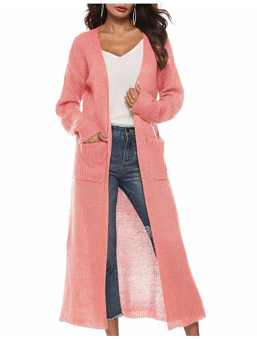 Womens Casual Long Sleeve Split Open Cardigan Knit Long Cardigan Sweaters with Pockets