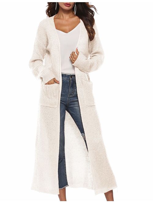 Womens Casual Long Sleeve Split Open Cardigan Knit Long Cardigan Sweaters with Pockets