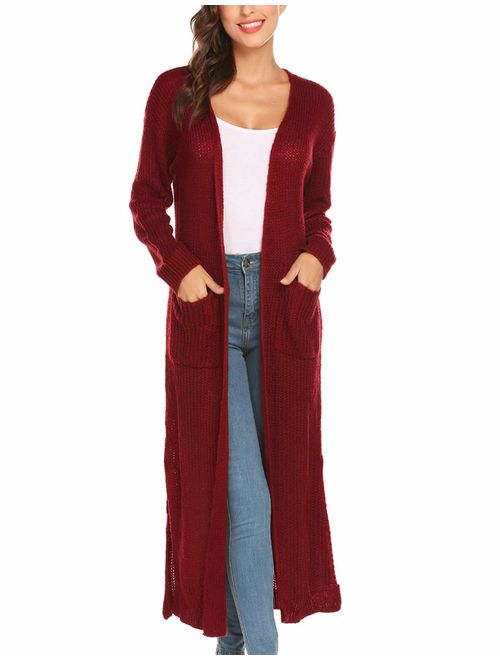 Womens Casual Long Sleeve Split Open Cardigan Knit Long Cardigan Sweaters with Pockets