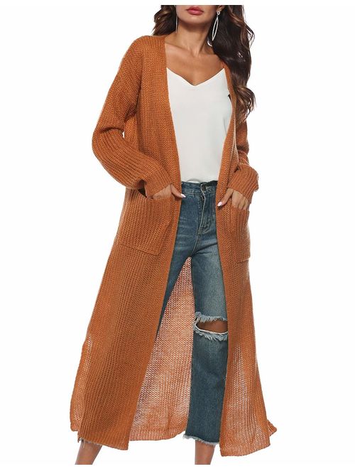 Womens Casual Long Sleeve Split Open Cardigan Knit Long Cardigan Sweaters with Pockets