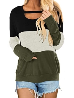 Topstype Women's Color Block Chest Cutout Tunics Long Sleeve Shirts Scoop Neck Blouse Casual Loose Tops