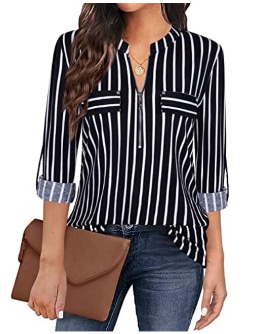 Bulotus Women's Zip Front V-Neck 3/4 Sleeve Tunic Casual Top