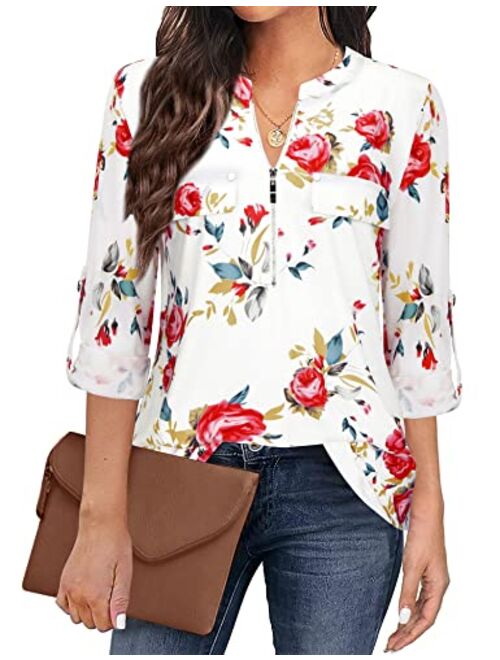 Bulotus Women's Zip Front V-Neck 3/4 Sleeve Tunic Casual Top