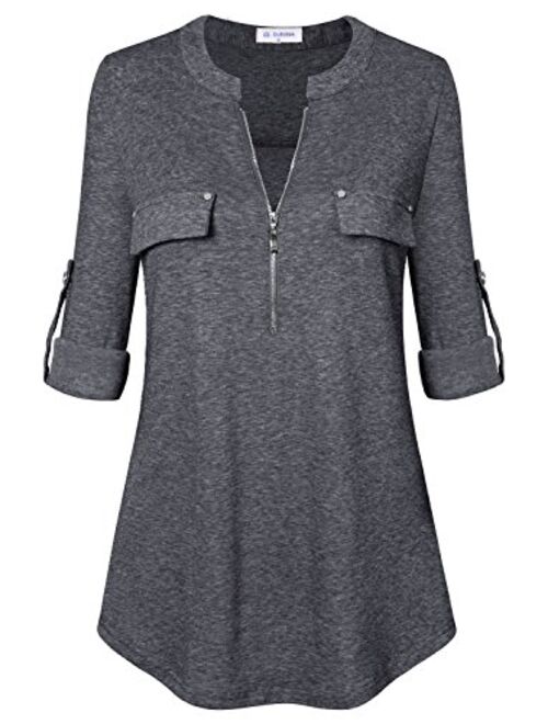 Bulotus Women's Zip Front V-Neck 3/4 Sleeve Tunic Casual Top