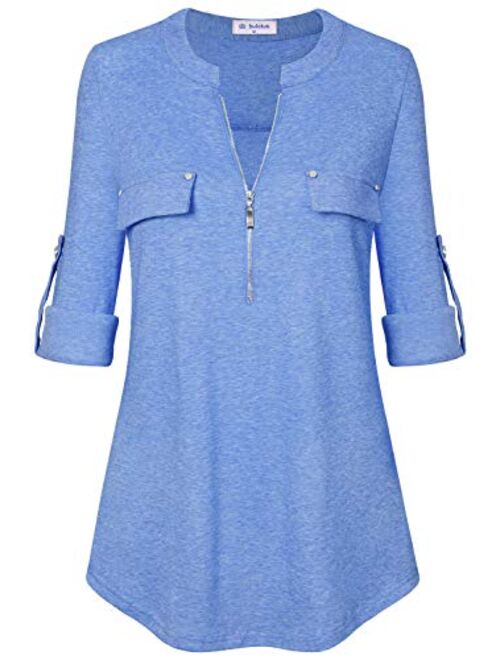 Bulotus Women's Zip Front V-Neck 3/4 Sleeve Tunic Casual Top