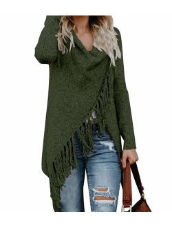 CEASIKERY Women's Tassel Hem Sweater Long Cardigan Knitwer Pullover Poncho Coat