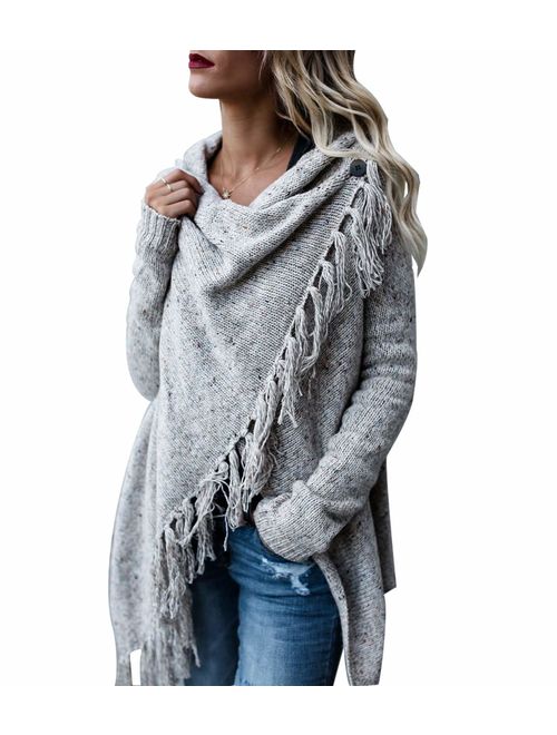 CEASIKERY Women's Tassel Hem Sweater Long Cardigan Knitwer Pullover Poncho Coat