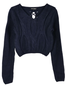 Women's Sweater Long Sleeve Eyelet Cable Lace Up Crop Top