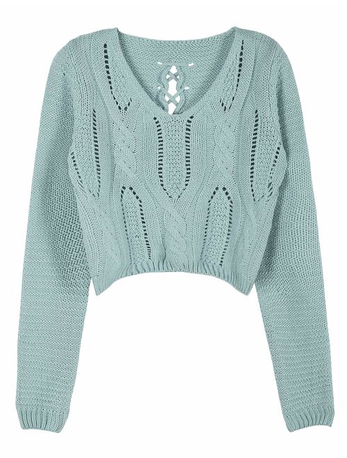 PrettyGuide Women's Sweater Long Sleeve Eyelet Cable Lace Up Crop Top