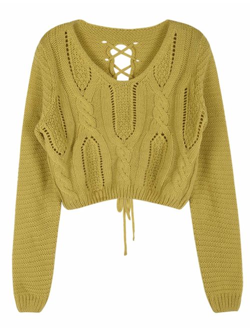 PrettyGuide Women's Sweater Long Sleeve Eyelet Cable Lace Up Crop Top