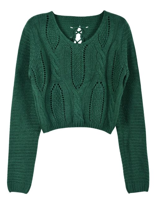 PrettyGuide Women's Sweater Long Sleeve Eyelet Cable Lace Up Crop Top