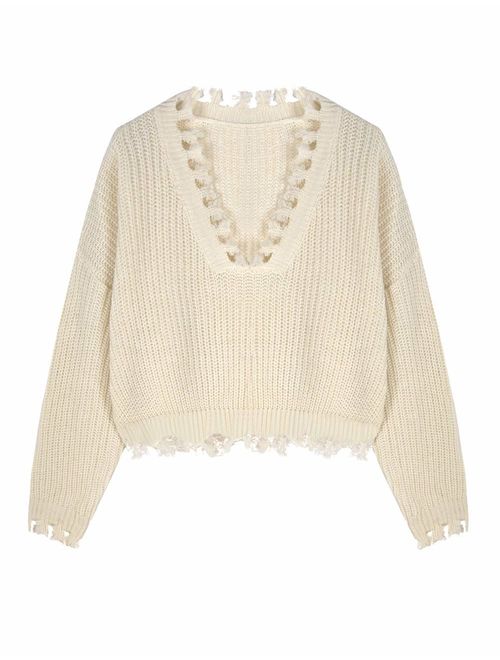 PrettyGuide Women's Sweater Long Sleeve Eyelet Cable Lace Up Crop Top