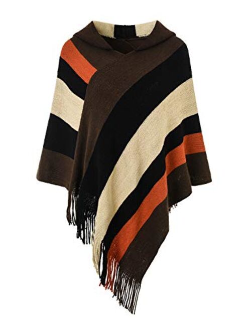 Ferand Women's Elegant Knitted Poncho Top with Stripe Patterns and Fringed Sides