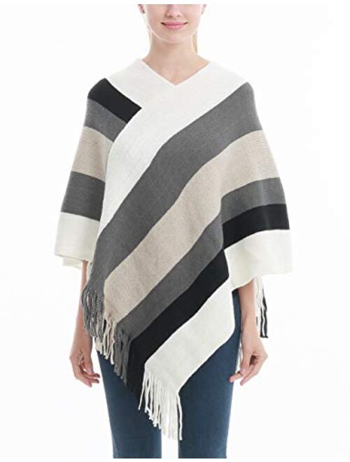 Ferand Women's Elegant Knitted Poncho Top with Stripe Patterns and Fringed Sides