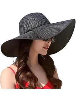 Lanzom Womens Wide Brim Straw Hat Floppy Foldable Roll up Cap Beach Sun Hat UPF 50+