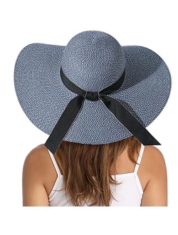 Lanzom Womens Wide Brim Straw Hat Floppy Foldable Roll up Cap Beach Sun Hat UPF 50+