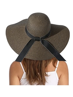 Lanzom Womens Wide Brim Straw Hat Floppy Foldable Roll up Cap Beach Sun Hat UPF 50+