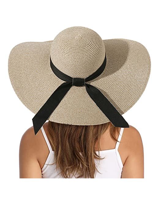 Lanzom Womens Wide Brim Straw Hat Floppy Foldable Roll up Cap Beach Sun Hat UPF 50+