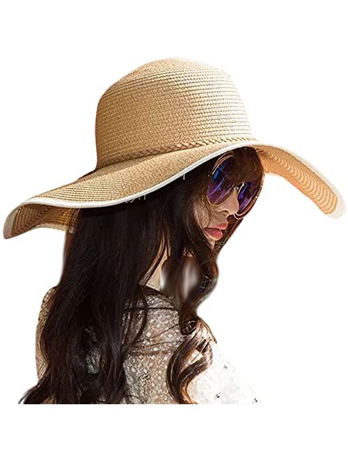 Lanzom Womens Wide Brim Straw Hat Floppy Foldable Roll up Cap Beach Sun Hat UPF 50+