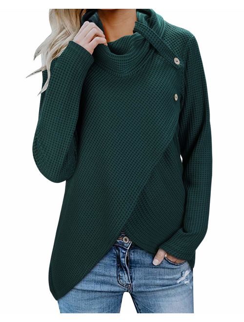 KILIG Womens Long Sleeve Button Cowl Neck Casual Knitted Wrap Pullover Lightweight Sweaters Shirt