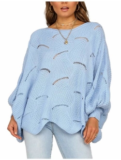 Relipop Women's Pullover Batwing Sleeve Loose Hollow Knit Sweaters