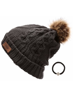 ANGELA & WILLIAM Women's Winter Fleece Lined Cable Knitted Pom Pom Beanie Hat with Hair Tie.