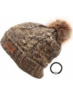 ANGELA & WILLIAM Women's Winter Fleece Lined Cable Knitted Pom Pom Beanie Hat with Hair Tie.