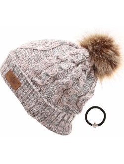 ANGELA & WILLIAM Women's Winter Fleece Lined Cable Knitted Pom Pom Beanie Hat with Hair Tie.