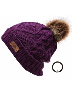 ANGELA & WILLIAM Women's Winter Fleece Lined Cable Knitted Pom Pom Beanie Hat with Hair Tie.