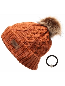 ANGELA & WILLIAM Women's Winter Fleece Lined Cable Knitted Pom Pom Beanie Hat with Hair Tie.