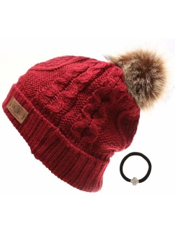 ANGELA & WILLIAM Women's Winter Fleece Lined Cable Knitted Pom Pom Beanie Hat with Hair Tie.